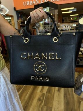 Chanel Small Studded Deauville Tote Black